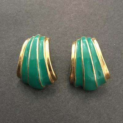 Vintage, gold, toned, seafoam, green enamel earrings