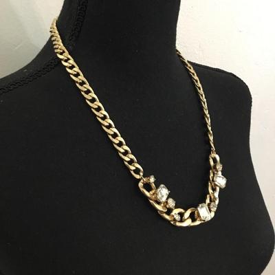 Thick, chunky gold, toned, rhinestone statement, necklace