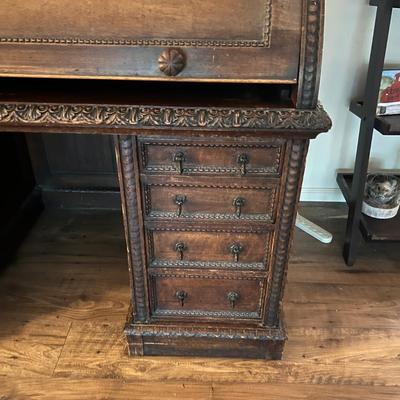 Large Exquisitely Carved Roll Top Desk Imported From Scotland (LR-RG)