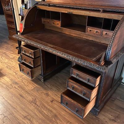 Large Exquisitely Carved Roll Top Desk Imported From Scotland (LR-RG)