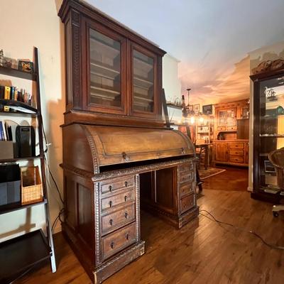 Large Exquisitely Carved Roll Top Desk Imported From Scotland (LR-RG)