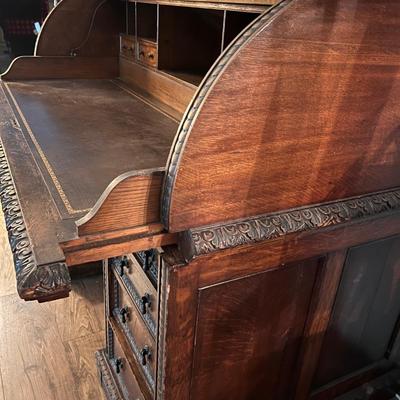 Large Exquisitely Carved Roll Top Desk Imported From Scotland (LR-RG)