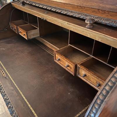 Large Exquisitely Carved Roll Top Desk Imported From Scotland (LR-RG)