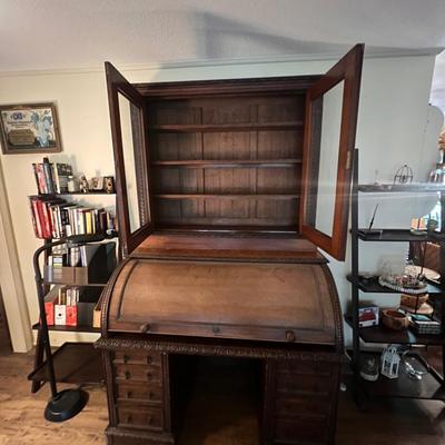 Large Exquisitely Carved Roll Top Desk Imported From Scotland (LR-RG)