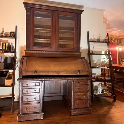 Large Exquisitely Carved Roll Top Desk Imported From Scotland (LR-RG)