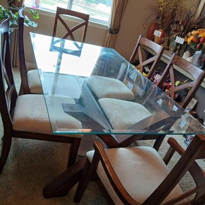 Modern Craftsman-Style Glass Top Dining Table with 6 Chairs