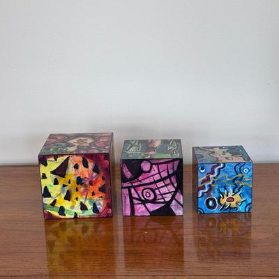 "Village of Art in a Box" Signed Painted Wooden Block Art (FP-DZ)