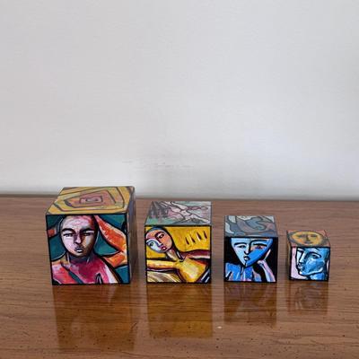 "Village of Art in a Box" Signed Painted Wooden Block Art (FP-DZ)