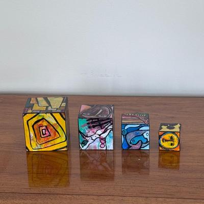 "Village of Art in a Box" Signed Painted Wooden Block Art (FP-DZ)