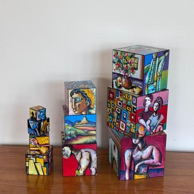 "Village of Art in a Box" Signed Painted Wooden Block Art (FP-DZ)