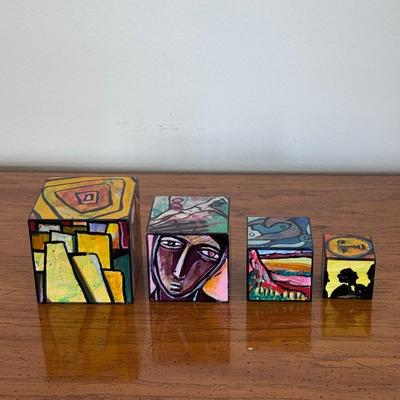 "Village of Art in a Box" Signed Painted Wooden Block Art (FP-DZ)