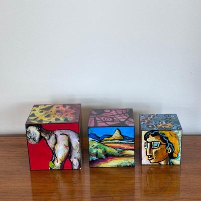 "Village of Art in a Box" Signed Painted Wooden Block Art (FP-DZ)