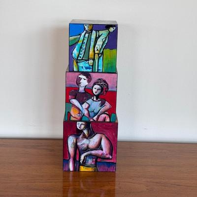 "Village of Art in a Box" Signed Painted Wooden Block Art (FP-DZ)