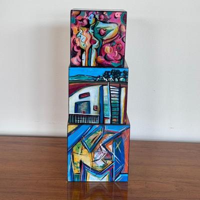 "Village of Art in a Box" Signed Painted Wooden Block Art (FP-DZ)
