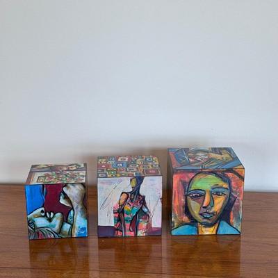 "Village of Art in a Box" Signed Painted Wooden Block Art (FP-DZ)