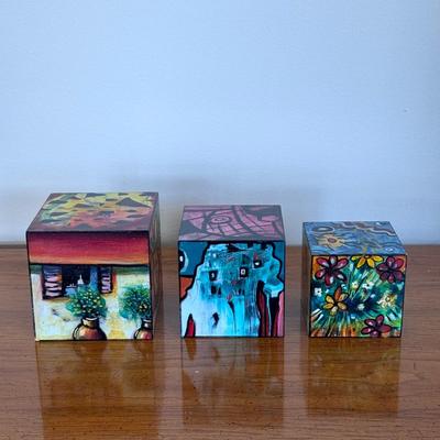 "Village of Art in a Box" Signed Painted Wooden Block Art (FP-DZ)