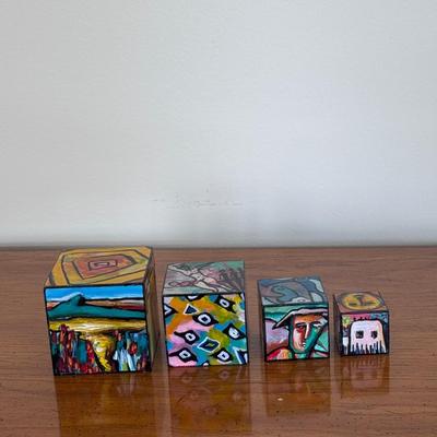 "Village of Art in a Box" Signed Painted Wooden Block Art (FP-DZ)