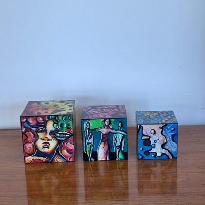 "Village of Art in a Box" Signed Painted Wooden Block Art (FP-DZ)