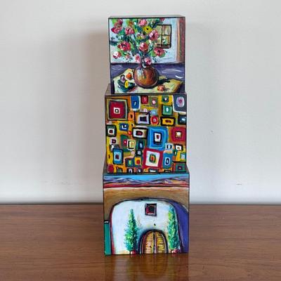 "Village of Art in a Box" Signed Painted Wooden Block Art (FP-DZ)