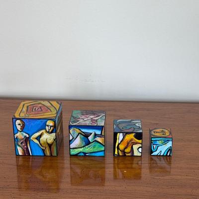 "Village of Art in a Box" Signed Painted Wooden Block Art (FP-DZ)