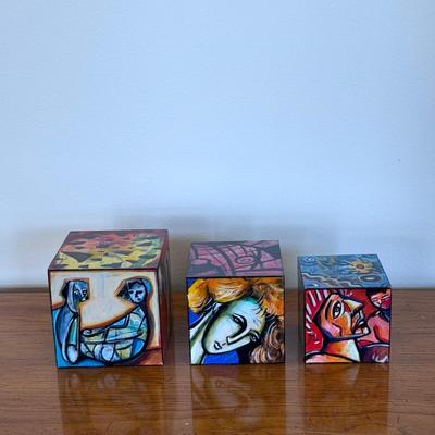 "Village of Art in a Box" Signed Painted Wooden Block Art (FP-DZ)