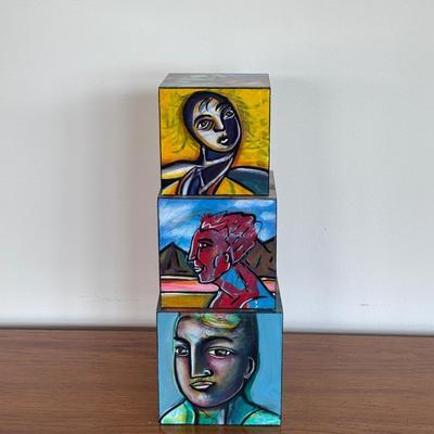 "Village of Art in a Box" Signed Painted Wooden Block Art (FP-DZ)