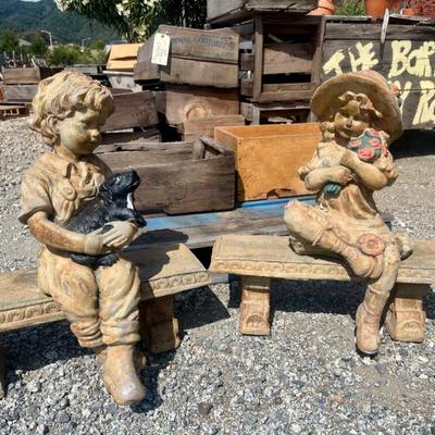 Antique Concrete Kids on Bench