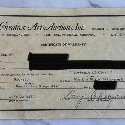 Picasso "Pour mon Fils Raul" Signed Lithograph with Cert. of Warr. 257/500