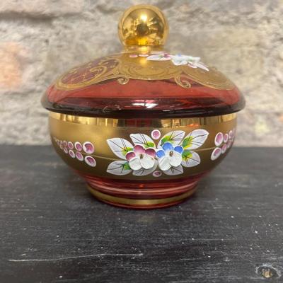 Sale Photo Thumbnail #333: Beautiful little cranberry gilt puff box with raised enamel flowers. Gorgeous!!!
