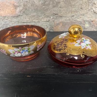 Sale Photo Thumbnail #334: Beautiful little cranberry gilt puff box with raised enamel flowers. Gorgeous!!!