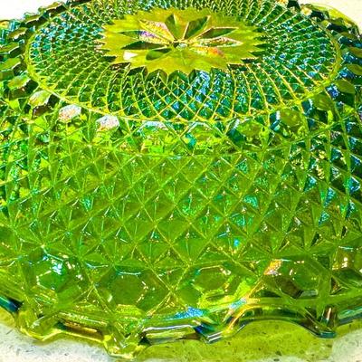 Indiana Carnival Glass Lime Green Hostess Plate – Starburst & Diamond Pattern
