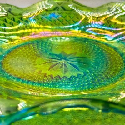 Indiana Carnival Glass Lime Green Hostess Plate – Starburst & Diamond Pattern