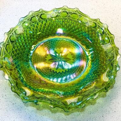 Indiana Carnival Glass Lime Green Hostess Plate – Starburst & Diamond Pattern