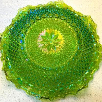 Indiana Carnival Glass Lime Green Hostess Plate – Starburst & Diamond Pattern