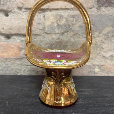 Sale Photo Thumbnail #337: Extraordinary cranberry gilt basket  with raised enamel flowers.
