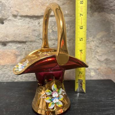 Sale Photo Thumbnail #339: Extraordinary cranberry gilt basket  with raised enamel flowers.