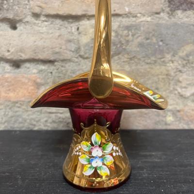 Sale Photo Thumbnail #338: Extraordinary cranberry gilt basket  with raised enamel flowers.