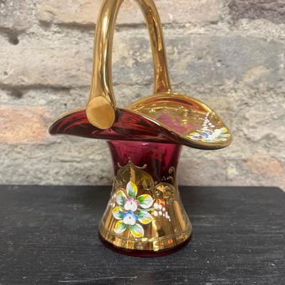 Sale Photo Thumbnail #336: Extraordinary cranberry gilt basket  with raised enamel flowers.