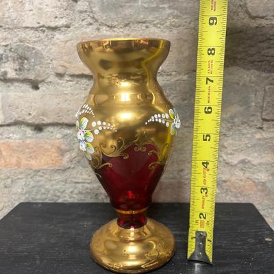 Sale Photo Thumbnail #343: Outstanding cranberry gilt vase  with raised enamel flowers.