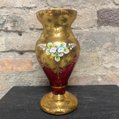 Sale Photo Thumbnail #340: Outstanding cranberry gilt vase  with raised enamel flowers.
