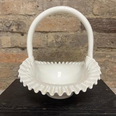 Sale Photo Thumbnail #345: Excellent Fenton milk glass hobnail milk glass basket, Anchor Hocking milk glass paneled covered candy dish, pair of vintage brass deer, and pair of Thomas Kincade canisters