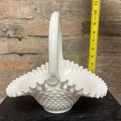 Sale Photo Thumbnail #346: Excellent Fenton milk glass hobnail milk glass basket, Anchor Hocking milk glass paneled covered candy dish, pair of vintage brass deer, and pair of Thomas Kincade canisters