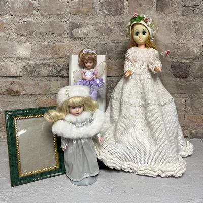 Sale Photo Thumbnail #363: Vintage bride doll with hand-crocheted dress, porcelain fairy doll, snow queen and 4x6 frame