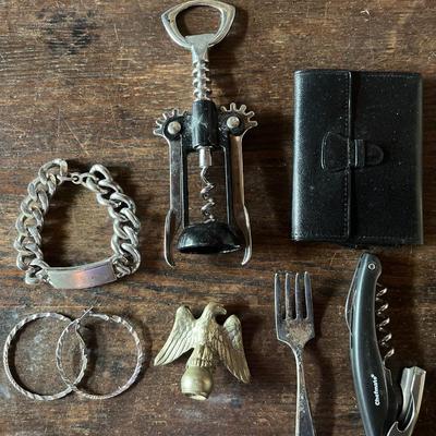 Sale Photo Thumbnail #53: Eagle finale, 2 wine bottle openers, jewelry, wallet and miniature fork.