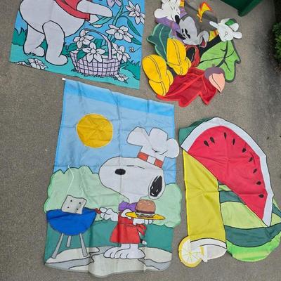 Lot of 4 Decorative Garden Flags – Pooh Bear, Mickey Mouse, Snoopy, & Watermelon