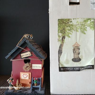Garden Décor Lot – Decorative Birdhouse & Butterfly Tube Bird Feeder