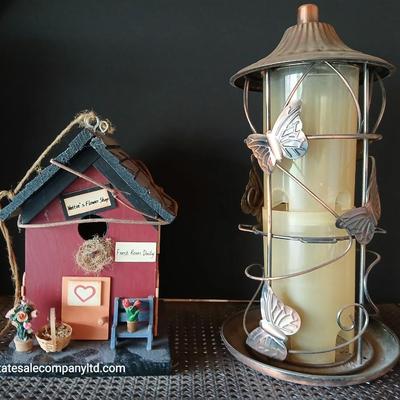 Garden Décor Lot – Decorative Birdhouse & Butterfly Tube Bird Feeder