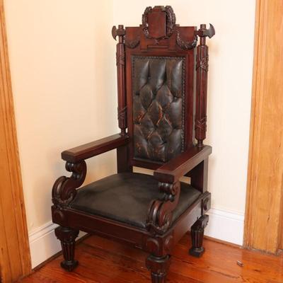 Antique Carved Mahogany Chair with Axe Finials (See Details)