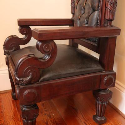Antique Carved Mahogany Chair with Axe Finials (See Details)