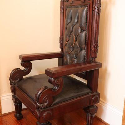 Antique Carved Mahogany Chair with Axe Finials (See Details)